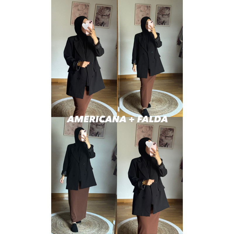 Americana negra + falda marrón